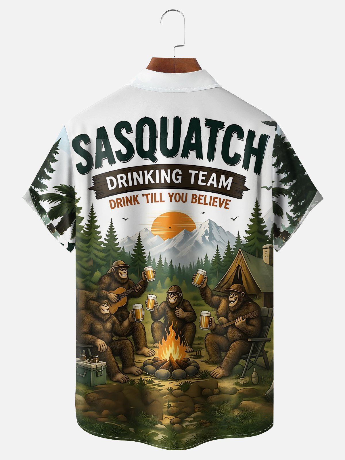 Moisture-Wicking "Camping Bigfoot" Beer Slogan Chest-Pocket Hawaiian Shirt