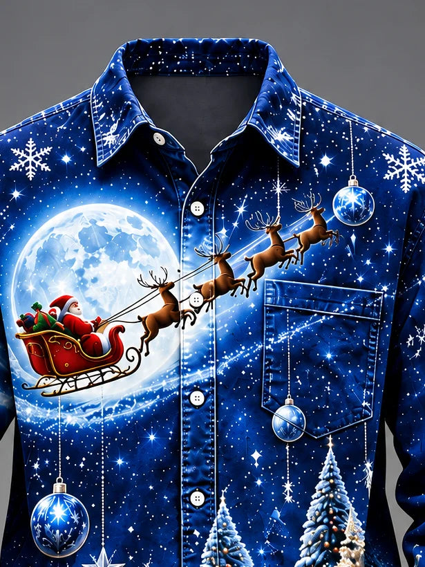 Moisture-Wicking  Christmas Santa Reindeer Tree  Chest Pocket Long-Sleeve Casual Shirt