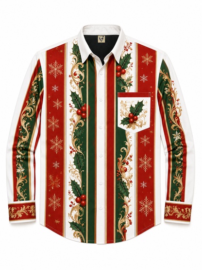 Moisture-Wicking Christmas-Themed Striped Trim and Chest Pocket  Long-Sleeve Casual Shirt