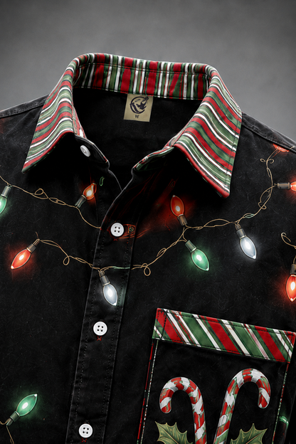 Moisture-Wicking Christmas Lights & Candy Cane Chest Pocket  Long-Sleeve Casual Shirt