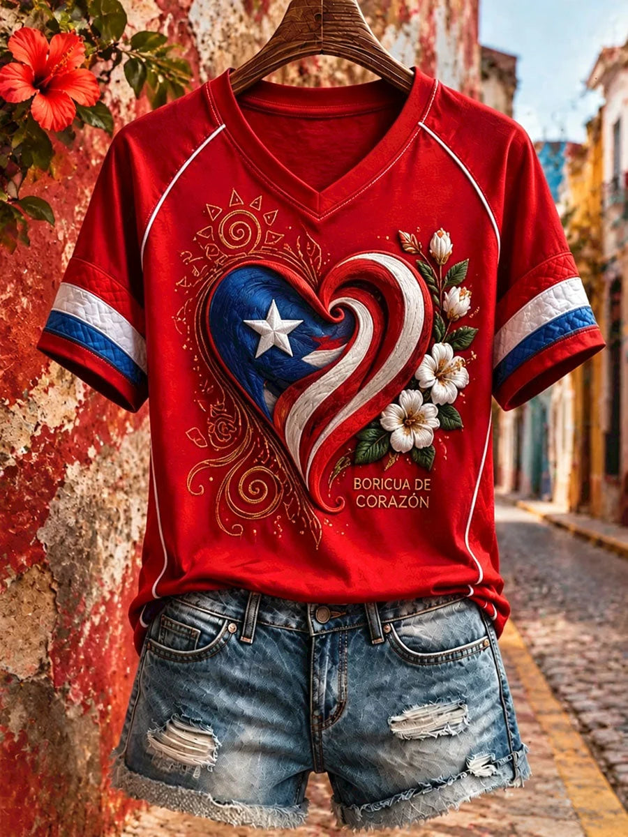 Women's Puerto Rico Floral Boricua Art Printed T-shirt