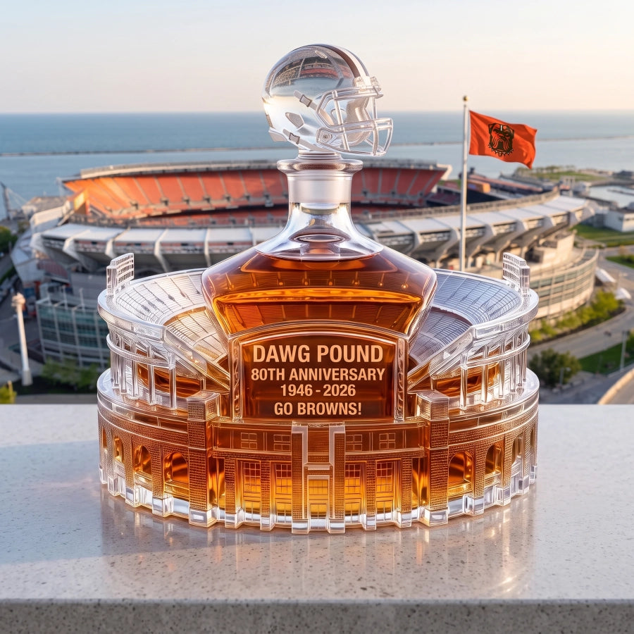 Go Browns! 80th Anniversary Dawg Pound Whiskey Decanter – Premium Stadium-Inspired Crystal Bottle for Cleveland Football Fans