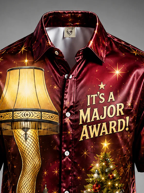 Breathable Silk Satin Christmas Leg Lamp Chest Pocket Hawaiian Shirt