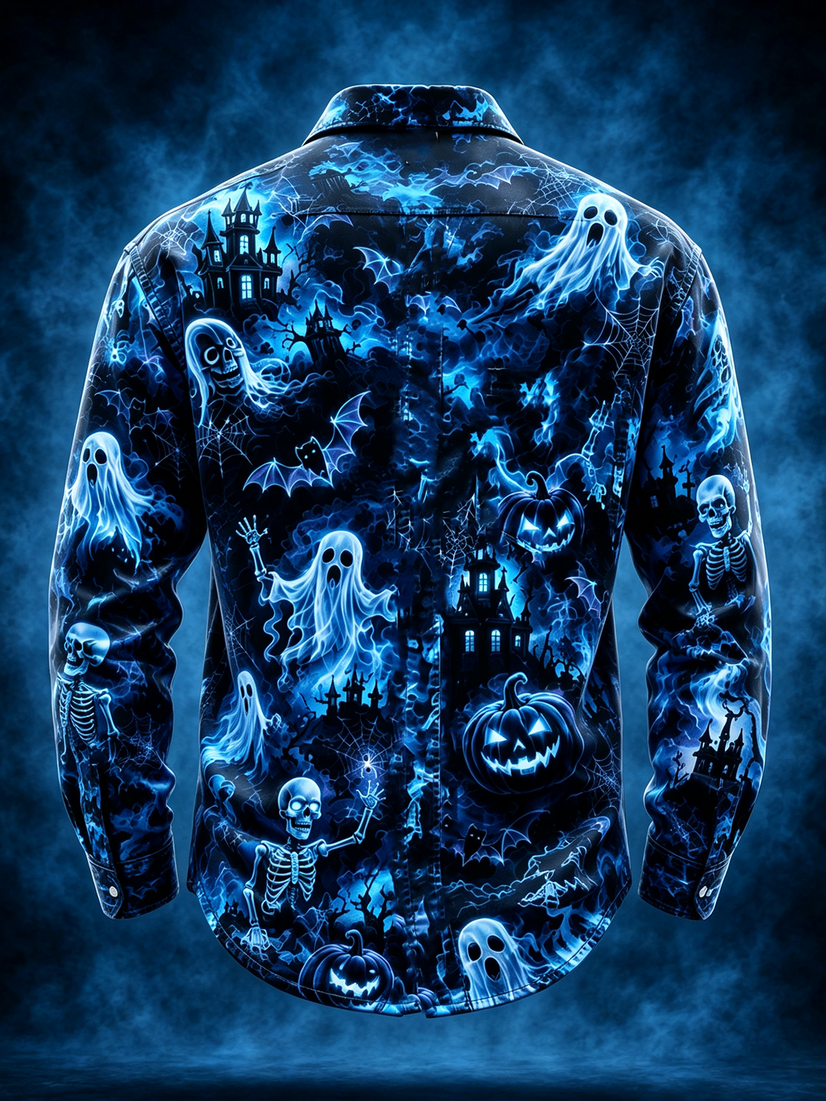 Moisture-Wicking Halloween Castle Pumpkin Ghost Bat Chest Pocket Long-Sleeve Casual Shirt
