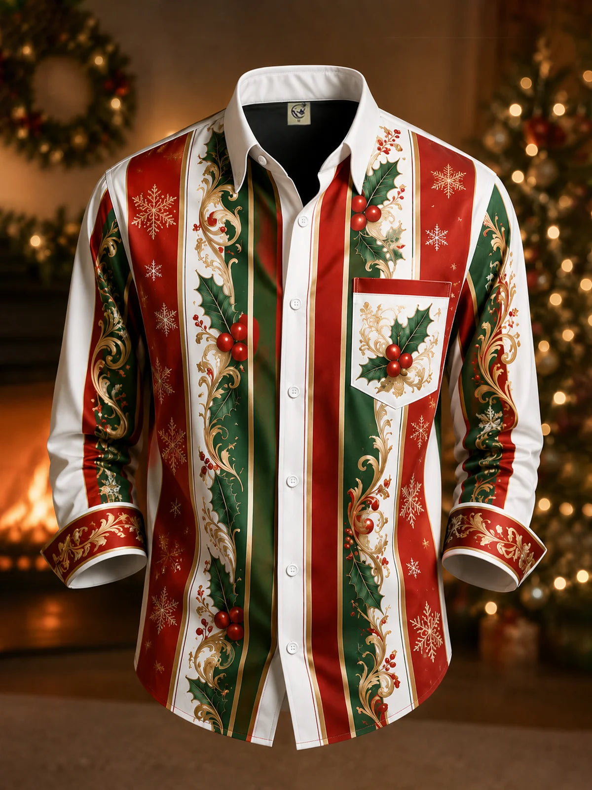 Moisture-Wicking Christmas-Themed Striped Trim and Chest Pocket  Long-Sleeve Casual Shirt