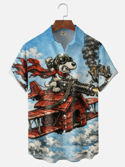 Moisture-Wicking Abstract Airplane & Dog Pattern and Chest Pocket Holiday Hawaiian Shirt