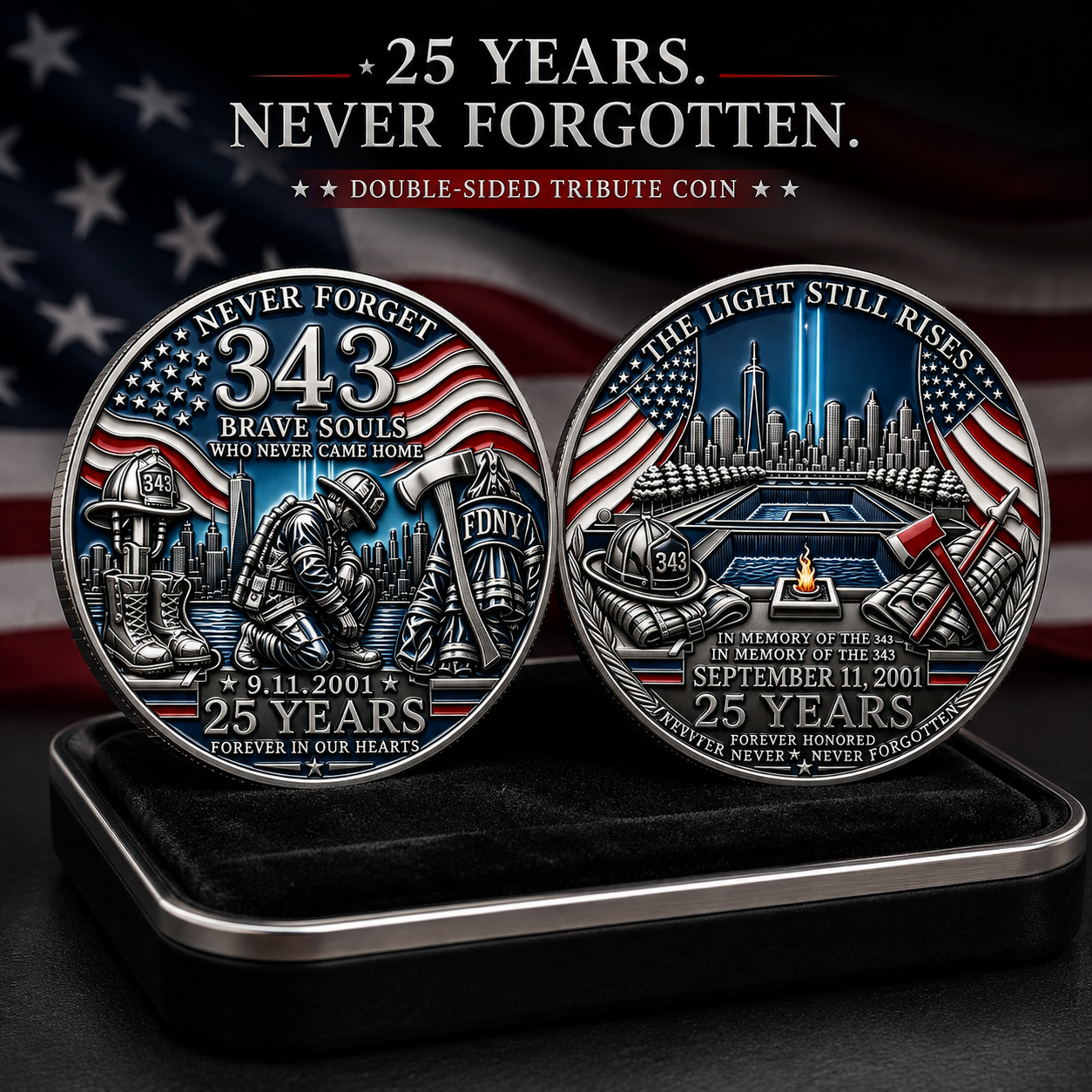 9/11 25th Anniversary Firefighter Challenge Coin - 343 Heroes Never Forget Memorial Coin
