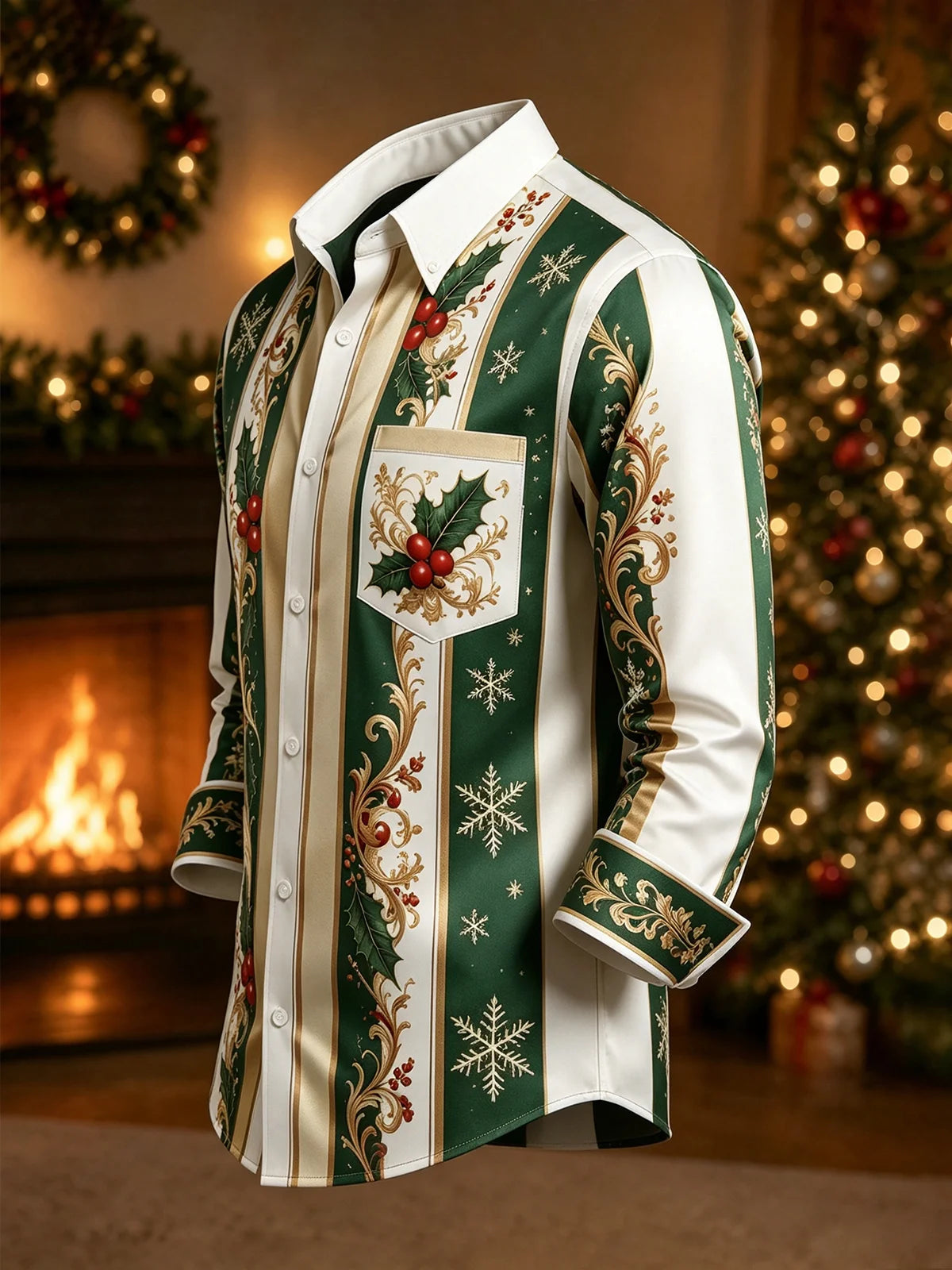 Moisture-Wicking Christmas-Themed Striped Trim and Chest Pocket  Long-Sleeve Casual Shirt
