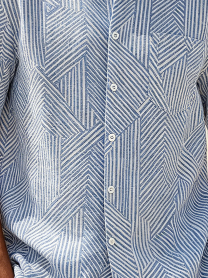 Linen-Texture Geometric Stripe Chest Pocket Holiday Hawaiian Shirt