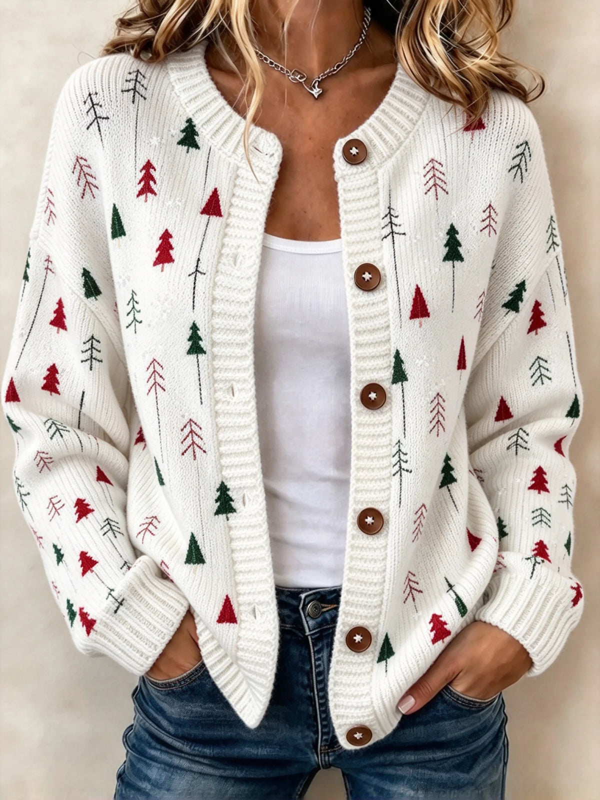 Women's Casual Christmas tree Print Knit Cardigan