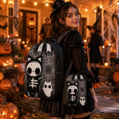 Halloween Gothic Skeleton Cat Backpack Set – 1/2/3PCS Backpack, Crossbody Bag & Pencil Case