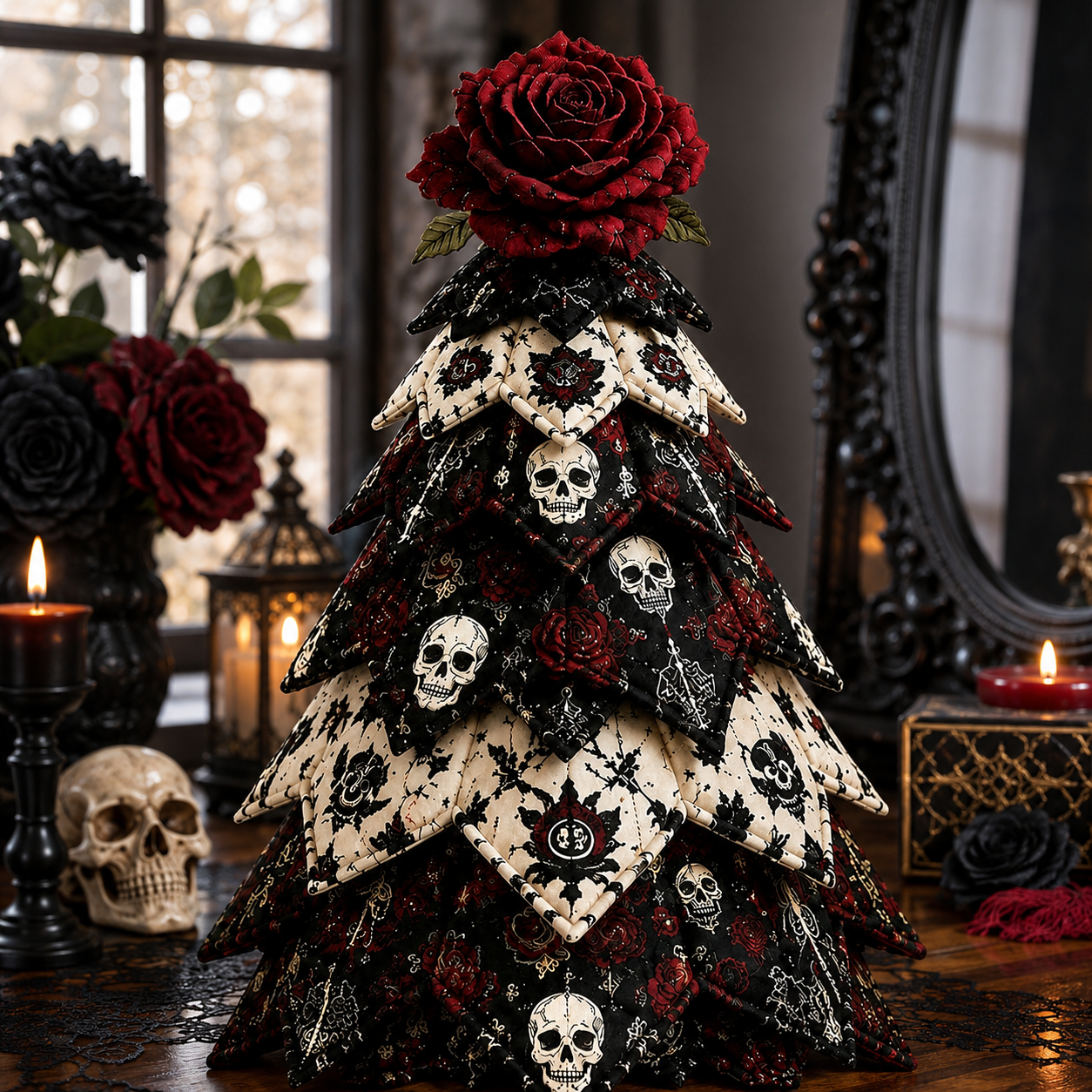 DIY Gothic Halloween Quilted Fabric Tree Kit – Layered Rose & Skull Tabletop Decoration