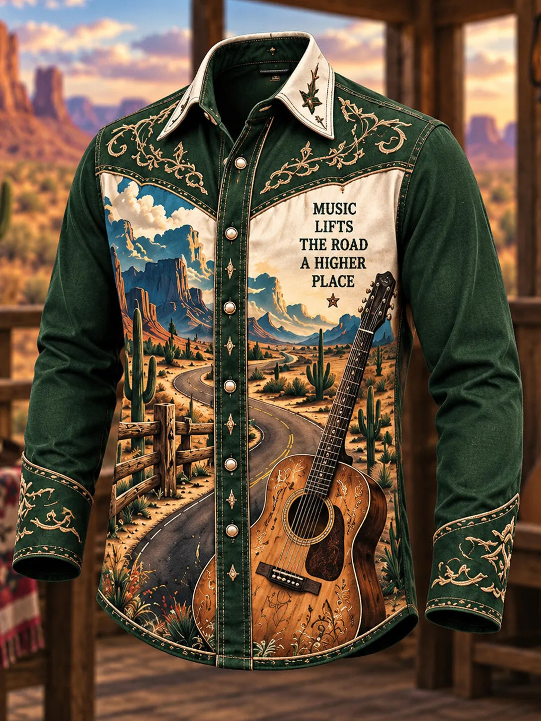 Men's Western Country Music Winding Desert Highway Cactus Canyon Star Print Long Sleeve Shirt