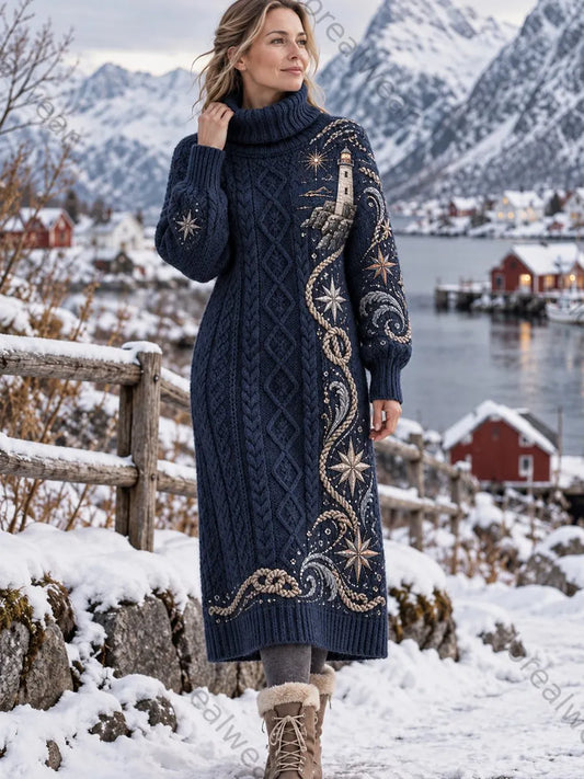 Women's Retro Nordic Coastal Art High-Neck Dress