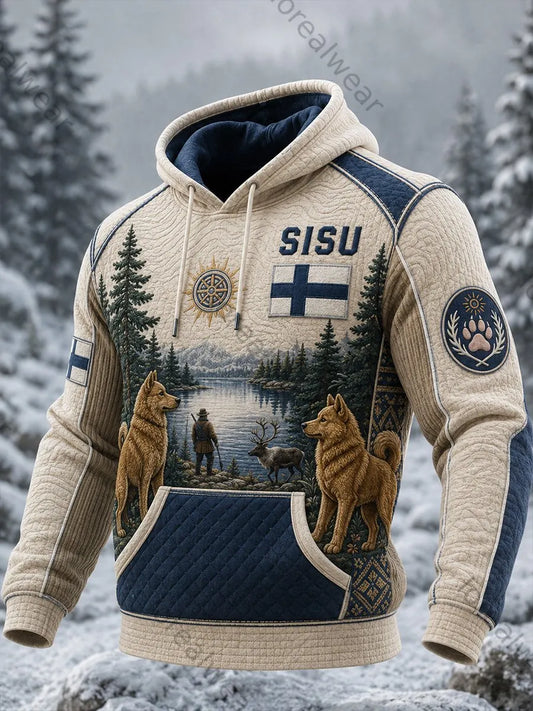 Men's Retro Nordic Hound Art Print Casual Comfortable Waffle Knit Hoodie