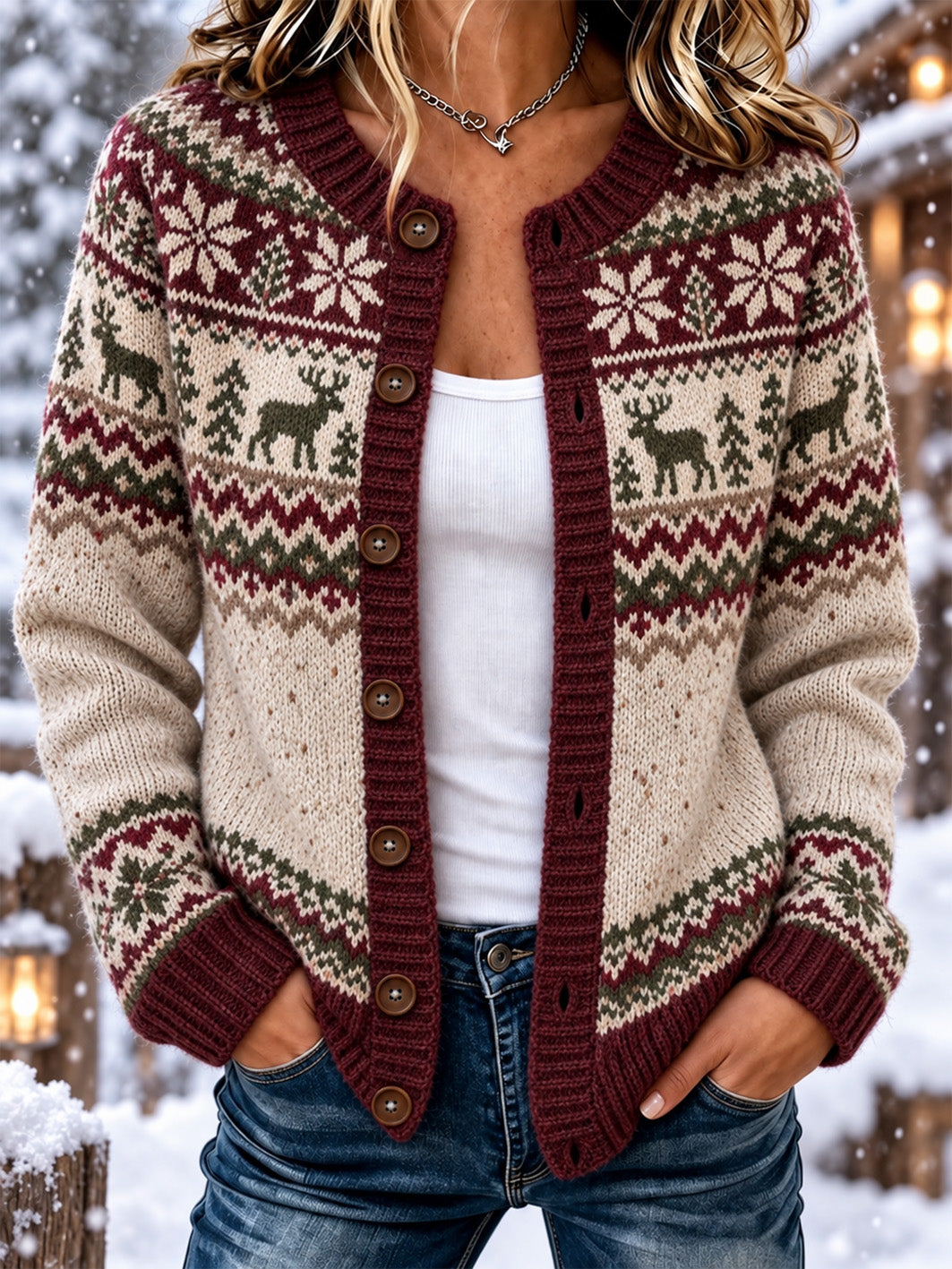 Women's Nordic Style Elk Pattern Casual Cardigan-Style Knit Jacket