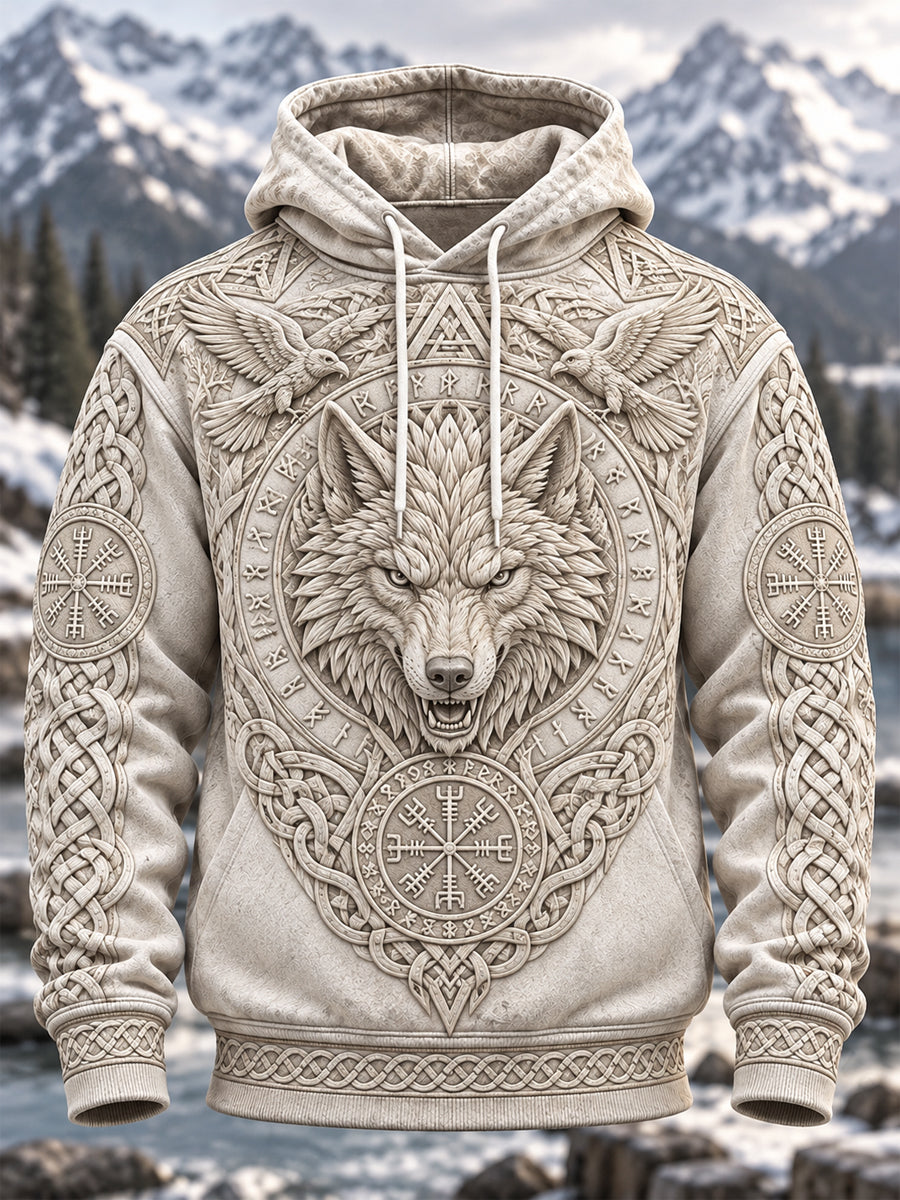 Men's Viking Art Oversized Drop-Shoulder Hoodie With Pockets