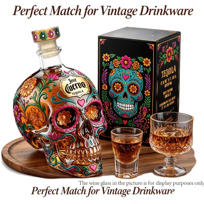 Gothic Floral Skull Glass Decanter Bottle – Day of the Dead Bar & Halloween Decor