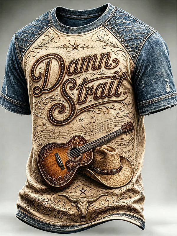 Men's Vintage Western "Damn Strait" Ornate Script Acoustic Guitar Cowboy Hat Print T-shirt