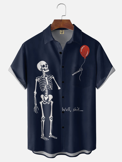 Moisture-wicking Halloween Skeleton Chest Pocket Casual Shirt