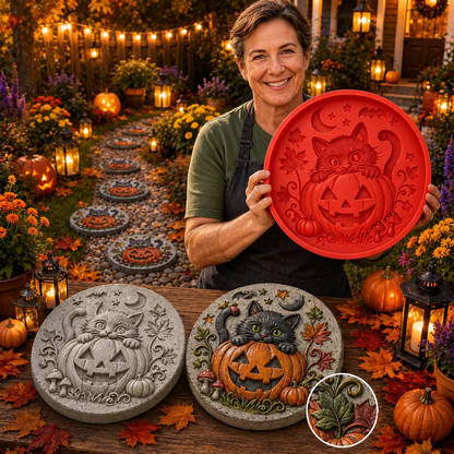 Reusable Round Halloween Stepping Stone Silicone Mold – DIY Garden Decor Featuring Witch's Cat, Skull, Pumpkin, and Ghost Designs