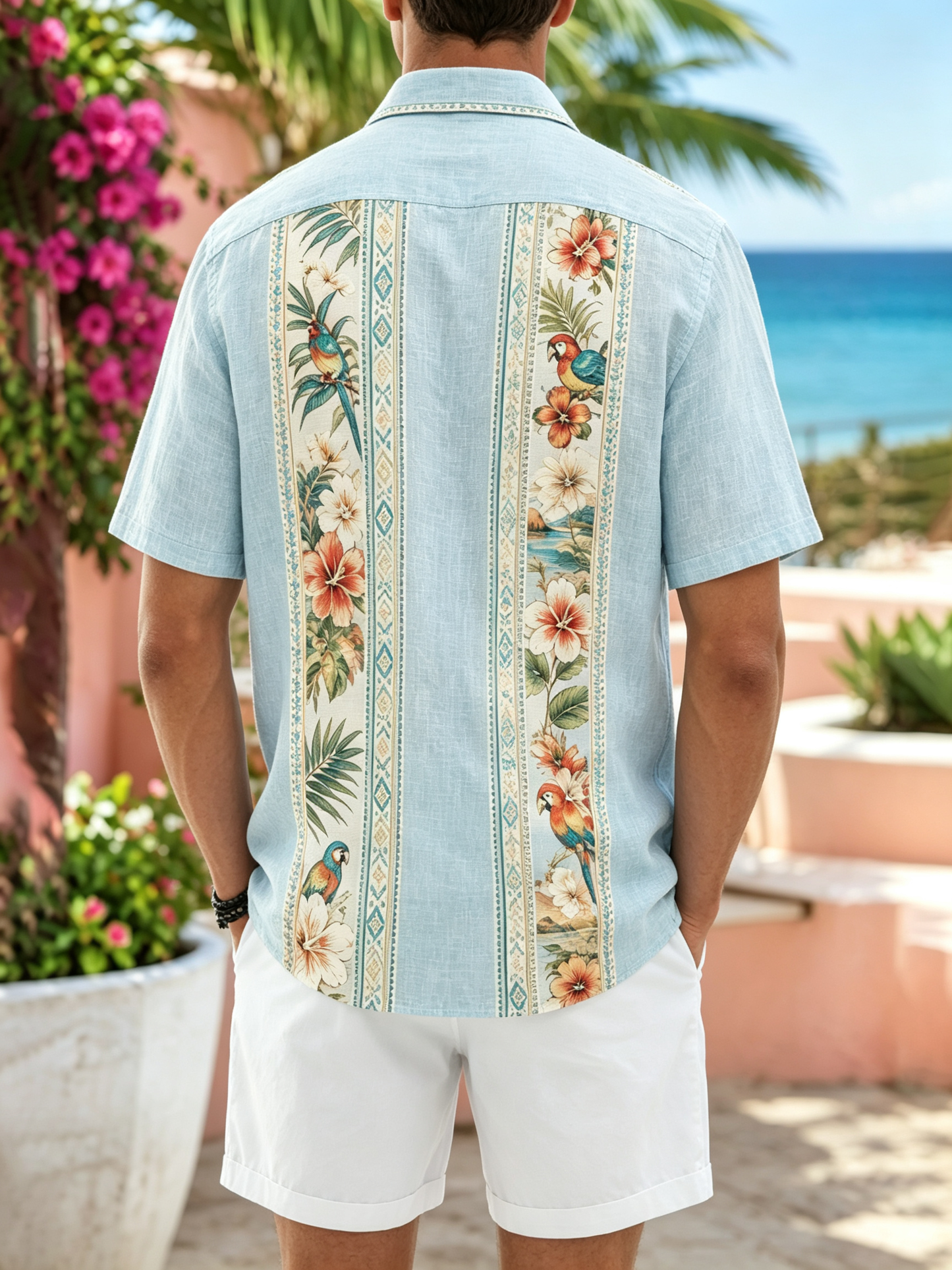 Linen-Texture Geometric Stripe & Parrot Floral Guayabera Shirt