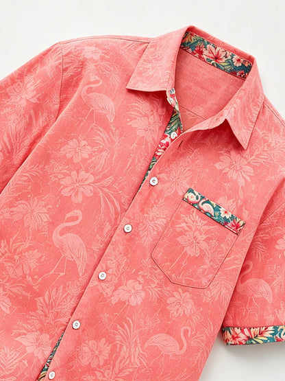 Linen-Texture Tropical Leaf  Flamingo Print and Chest Pocket  Casual Shirt