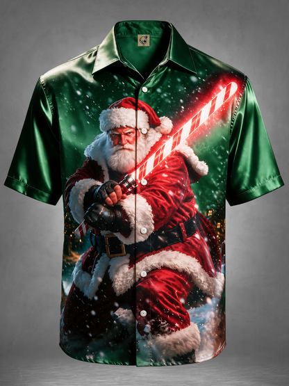 Breathable Silk Satin Christmas Sci‑Fi Warrior Santa Claus Candy Cane Lightsaber Winter Snow Scene Ocket Holiday Hawaiian Shirt
