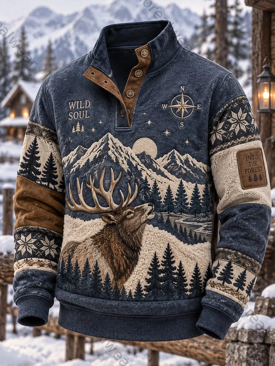 Men's Nordic Forest Animals Four-Button Hoodie