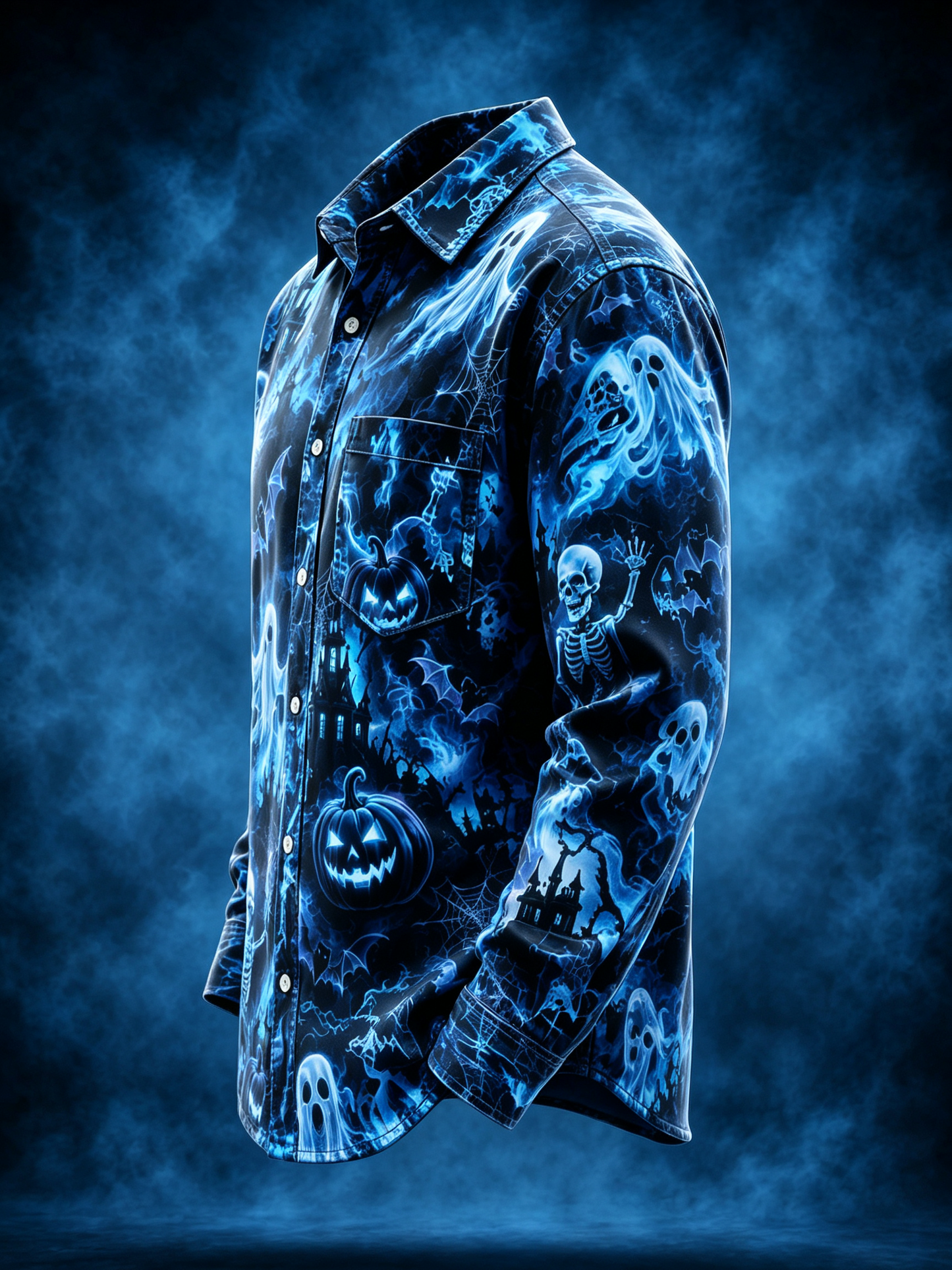 Moisture-Wicking Halloween Castle Pumpkin Ghost Bat Chest Pocket Long-Sleeve Casual Shirt