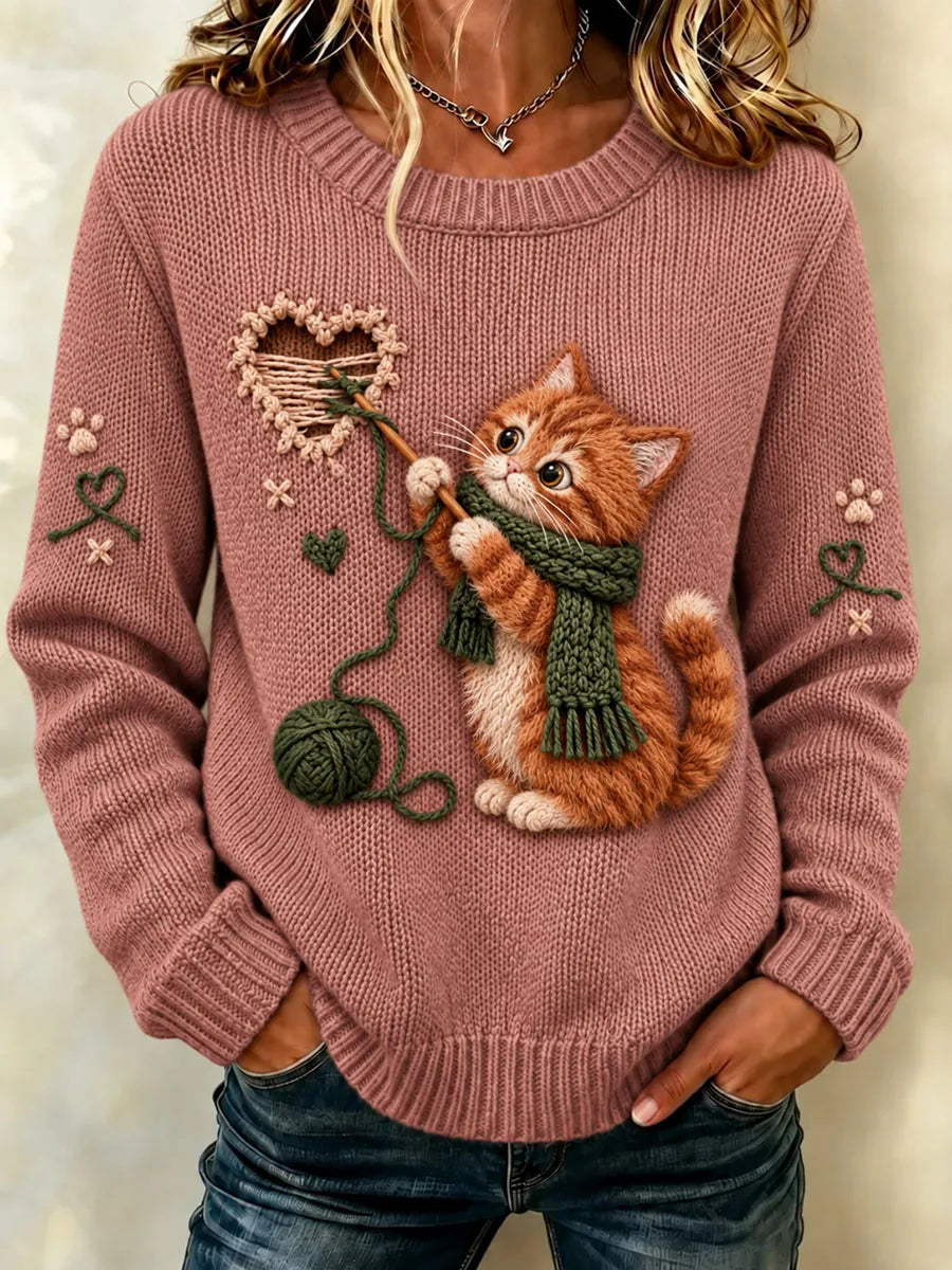 Women's Cute Kitten Yarn Ball Graphic Sweater