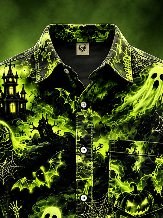 Moisture-Wicking Halloween Castle Pumpkin Ghost Bat Chest Pocket Long-Sleeve Casual Shirt