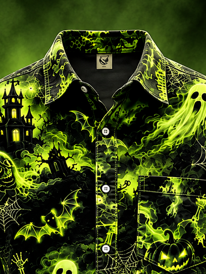 Moisture-Wicking Halloween Castle Pumpkin Ghost Bat Chest Pocket Long-Sleeve Casual Shirt