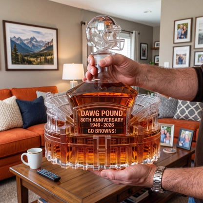 Go Browns! 80th Anniversary Dawg Pound Whiskey Decanter – Premium Stadium-Inspired Crystal Bottle for Cleveland Football Fans