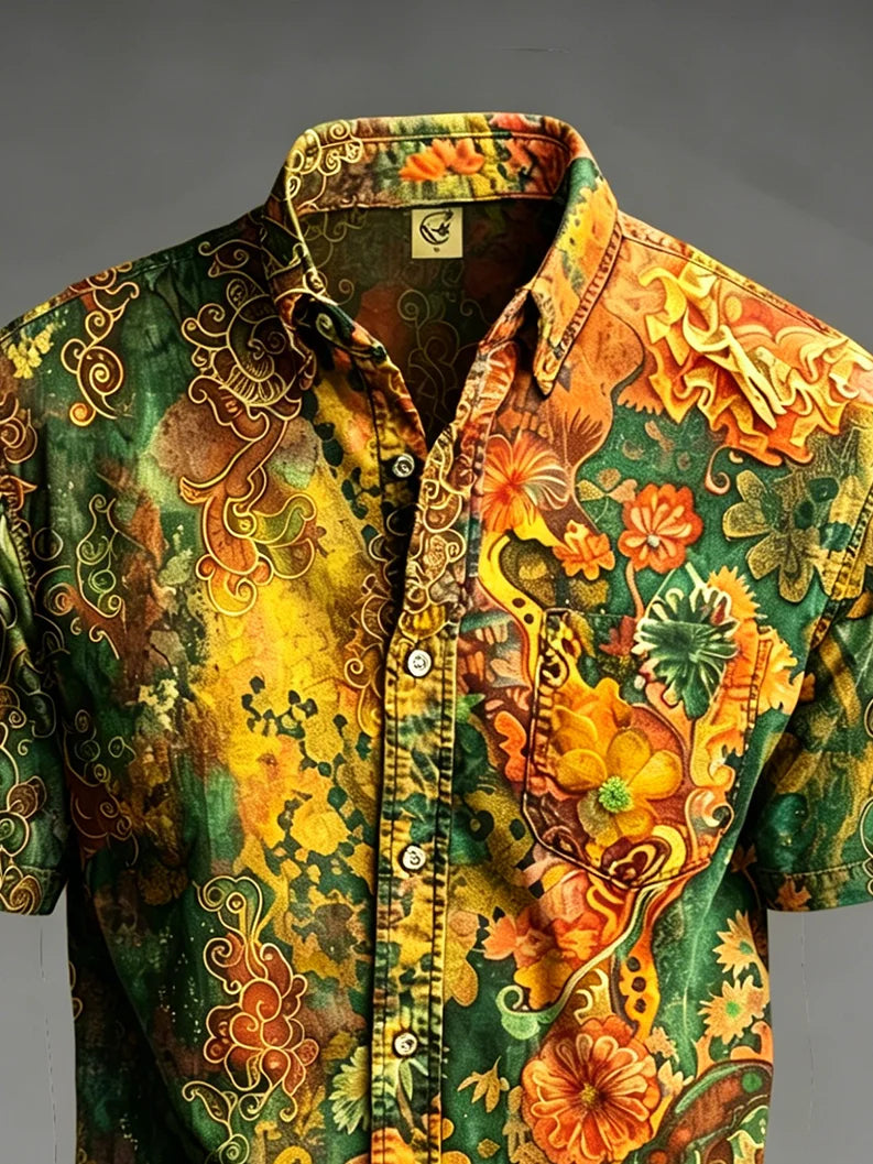 Moisture-Wicking Abstract Gradient Floral Print Chest Pocket Hawaiian Shirt