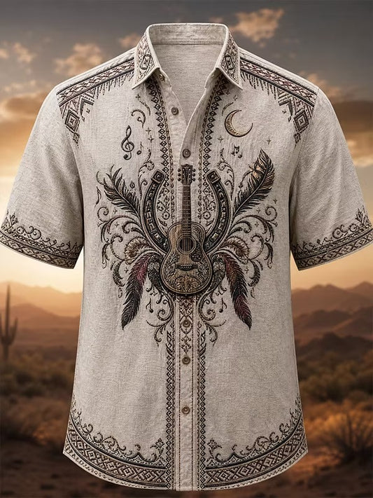 Men's Vintage Western Acoustic Guitar With Horseshoe Feathers Print Short Sleeve Buttons Shirt