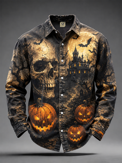 Moisture-Wicking Halloween Castle Pumpkin Skull Bat Print Chest Pocket Long-Sleeve Casual Shirt