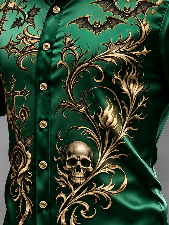 Breathable Silk Satin  Subtle Bat Pattern Halloween Style Casual Shirt
