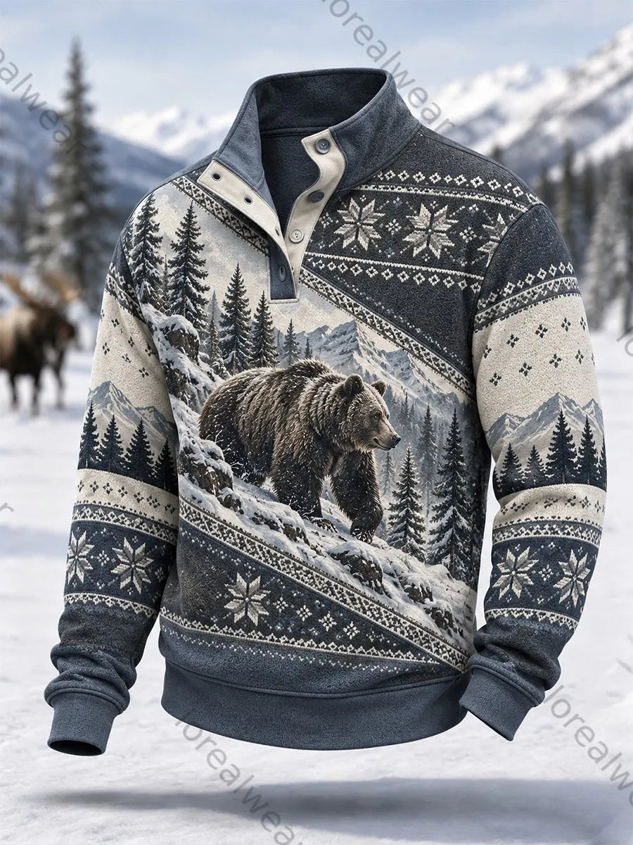 Men's Winter Snow Bear Print Casual Buttons Pullover