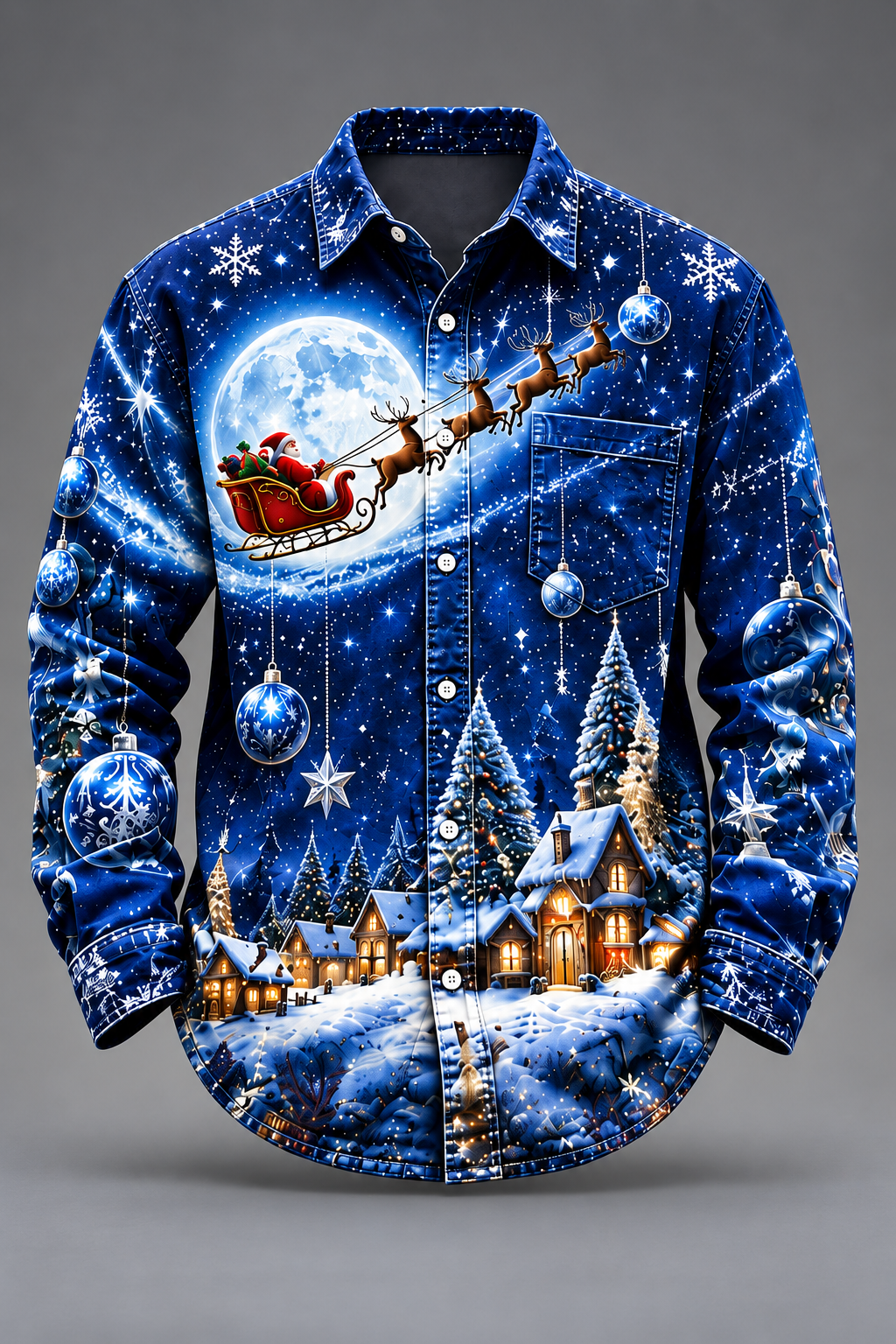 Moisture-Wicking  Christmas Santa Reindeer Tree  Chest Pocket Long-Sleeve Casual Shirt
