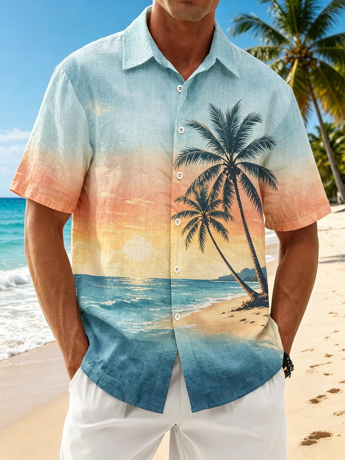 Linen-Texture Tropical Coconut Tree Print Chest Pocket Holiday Hawaiian Shirt