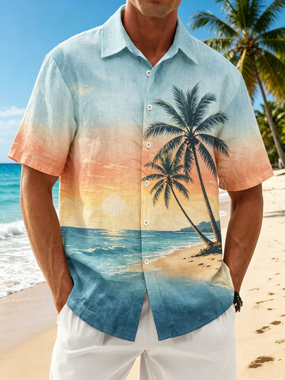 Linen-Texture Tropical Coconut Tree Print Chest Pocket Holiday Hawaiian Shirt