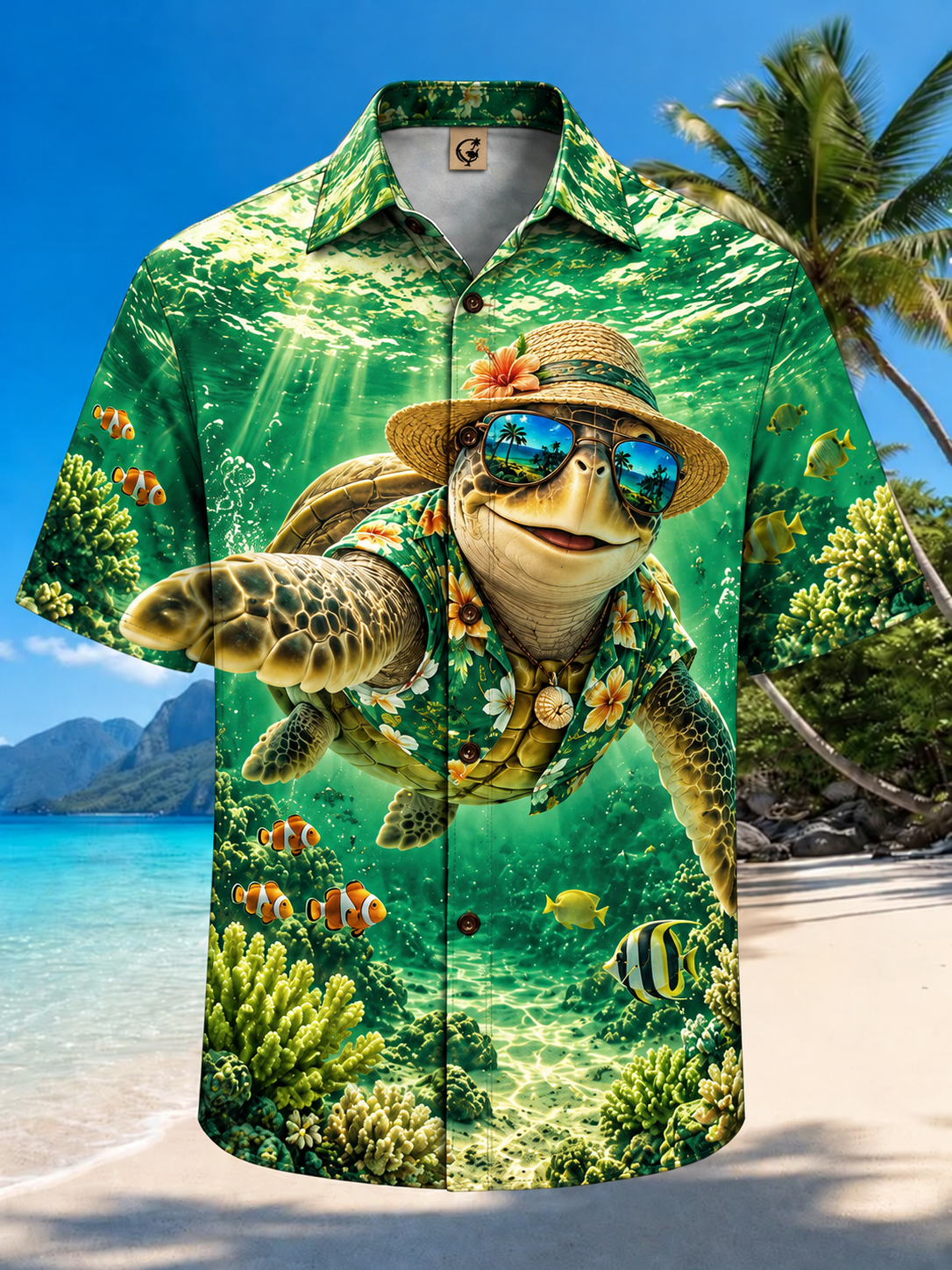 Moisture-Wicking Funny Sea Turtle Straw Hat Sunglasses Underwater Coral Reef Tropical Fish Chest Pocket Hawaiian Shirt