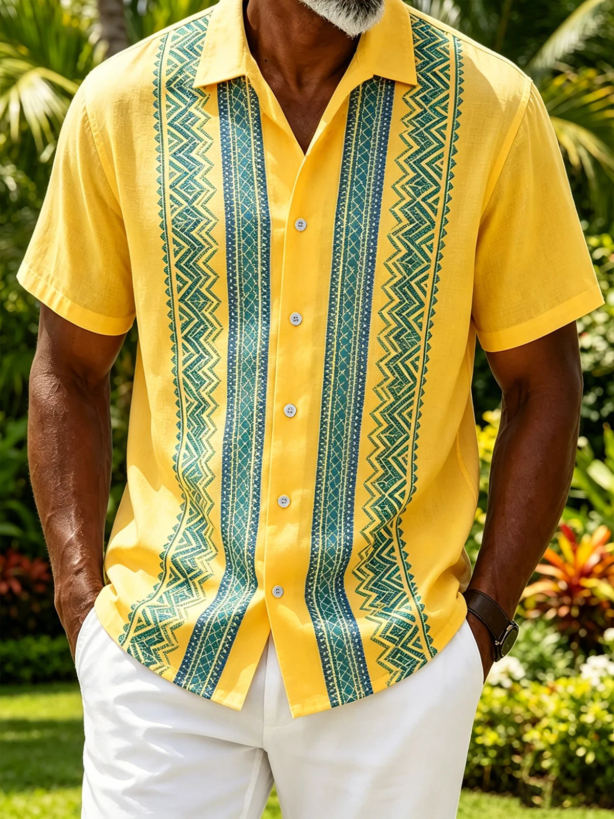 Linen-Texture Abstract Striped Chest Pocket Casual Guayabera Shirt