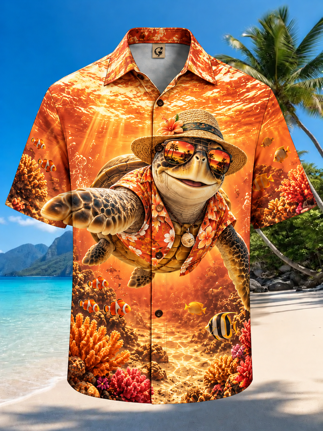Moisture-Wicking Funny Sea Turtle Straw Hat Sunglasses Underwater Coral Reef Tropical Fish Chest Pocket Hawaiian Shirt