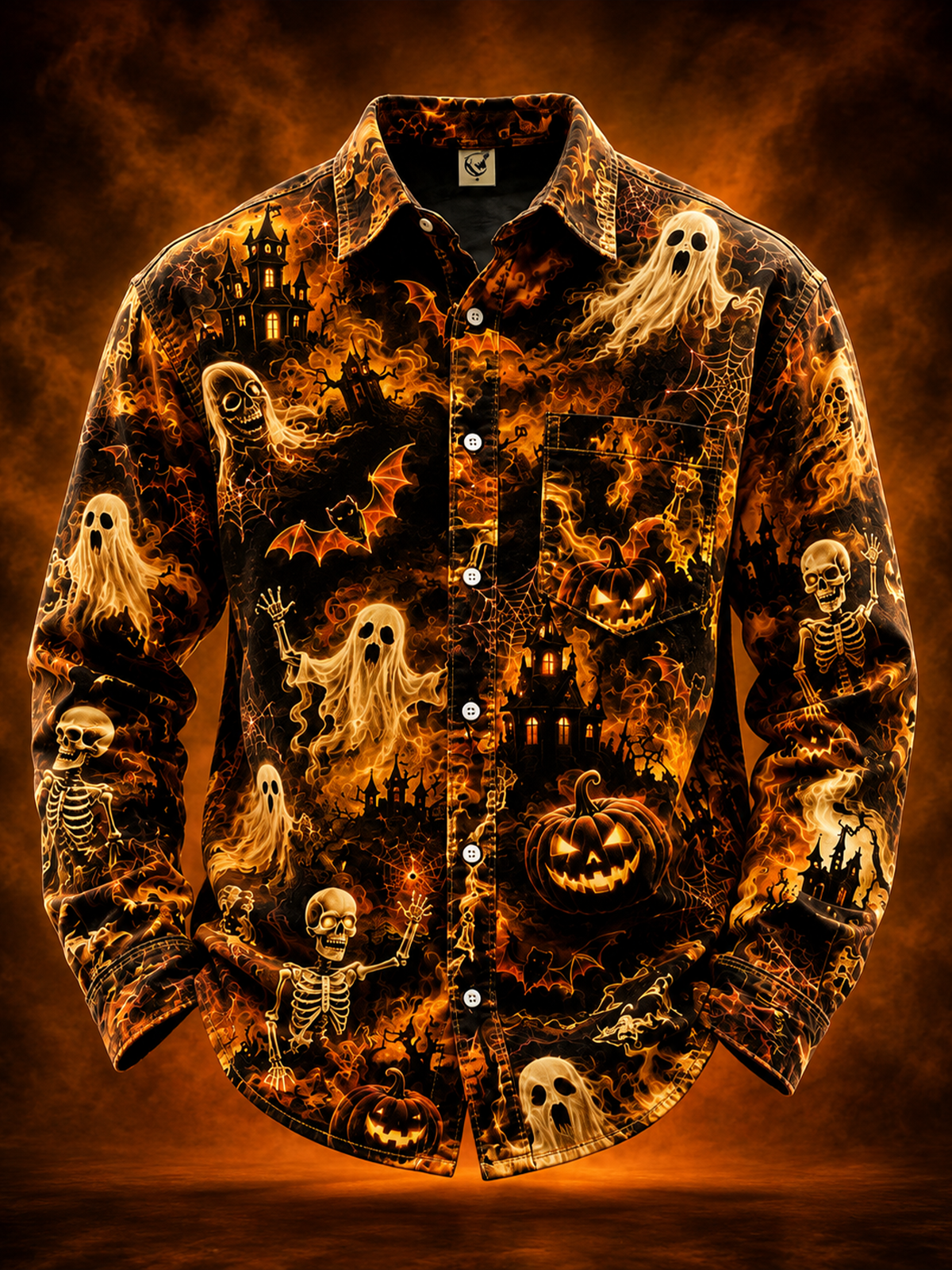 Moisture-Wicking Halloween Castle Pumpkin Ghost Bat Chest Pocket Long-Sleeve Casual Shirt