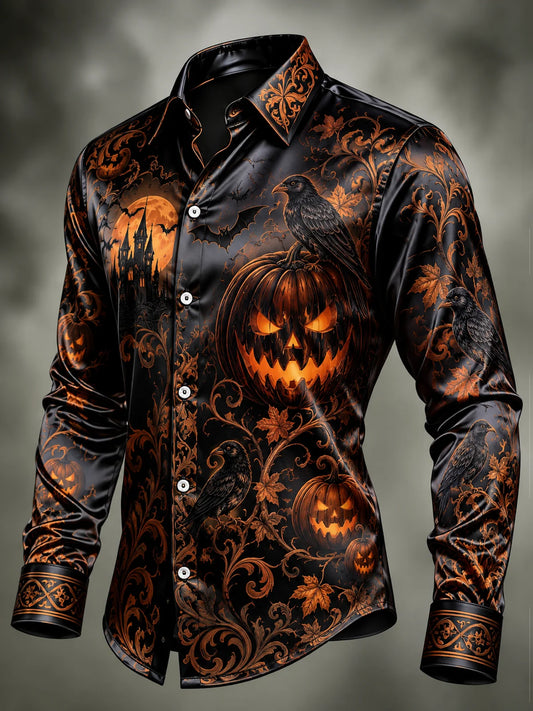 Breathable Silk Satin Halloween Pumpkin Skull Castle Casual Long-Sleeve Shirt