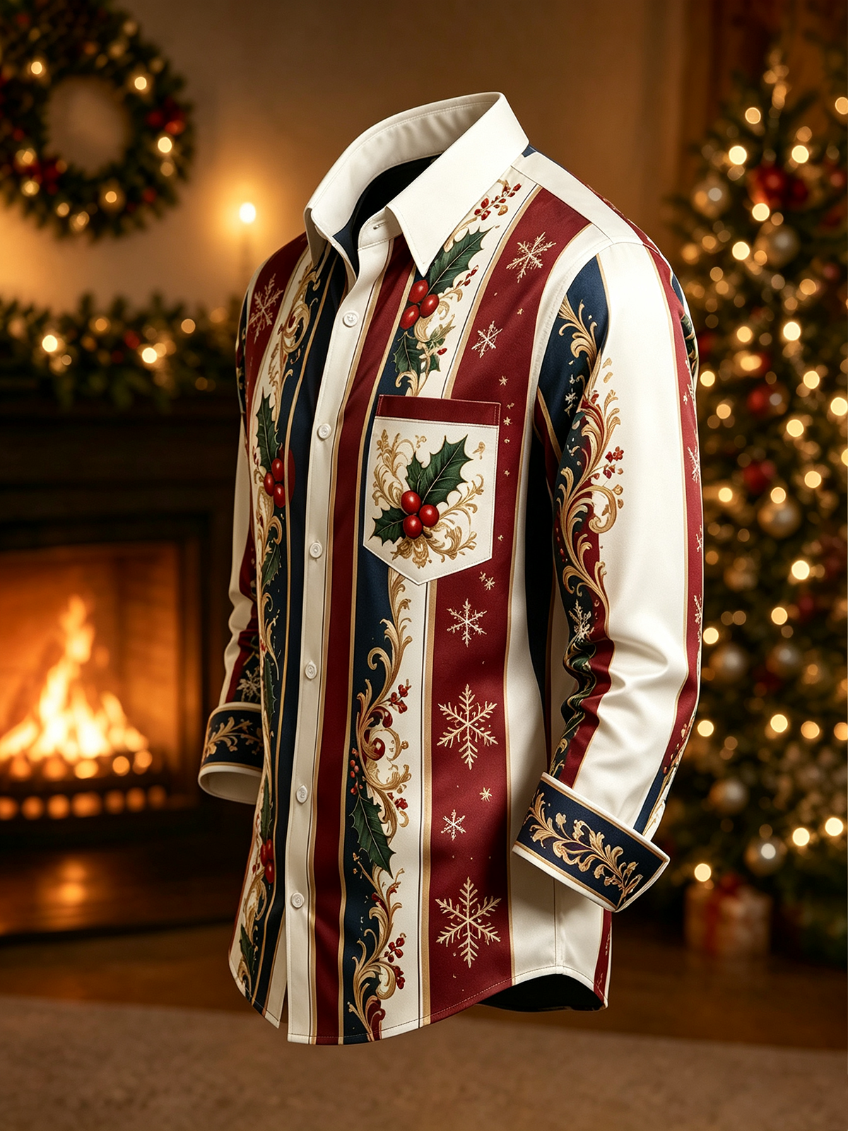 Moisture-Wicking Christmas-Themed Striped Trim and Chest Pocket  Long-Sleeve Casual Shirt