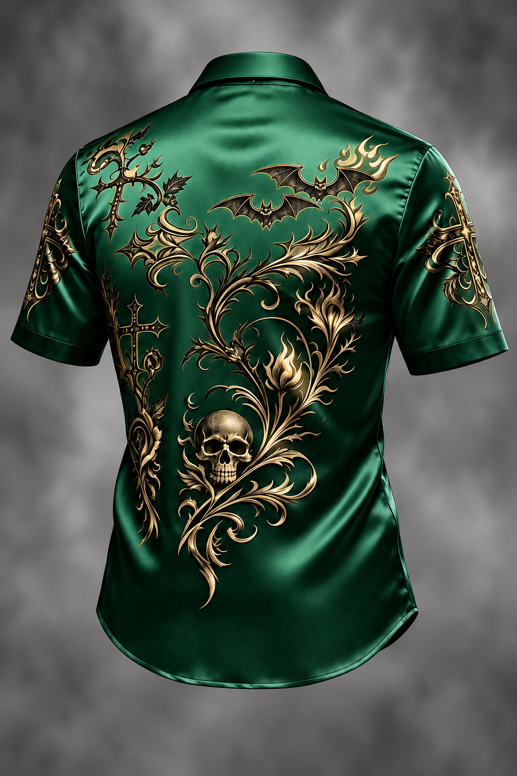 Breathable Silk Satin  Subtle Bat Pattern Halloween Style Casual Shirt
