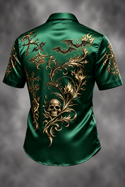 Breathable Silk Satin  Subtle Bat Pattern Halloween Style Casual Shirt